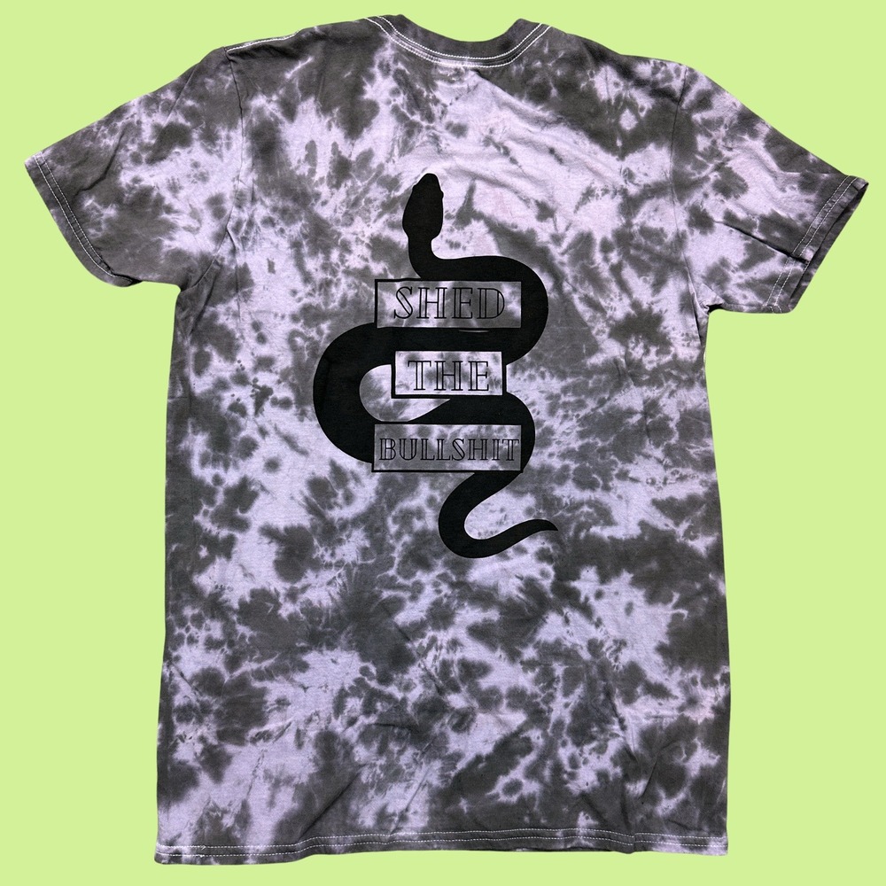 Inner‎ Thoughts Grey and Purple Tie Dye Shed The BS Tee Shirt with Snake Design